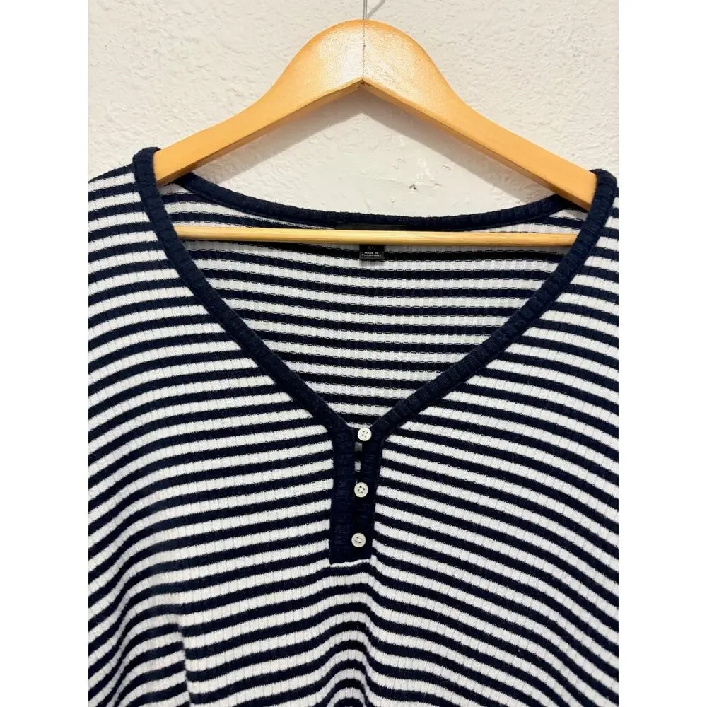 J. Crew Striped Henley Minimalist Coastal Summer Preppy Blue White